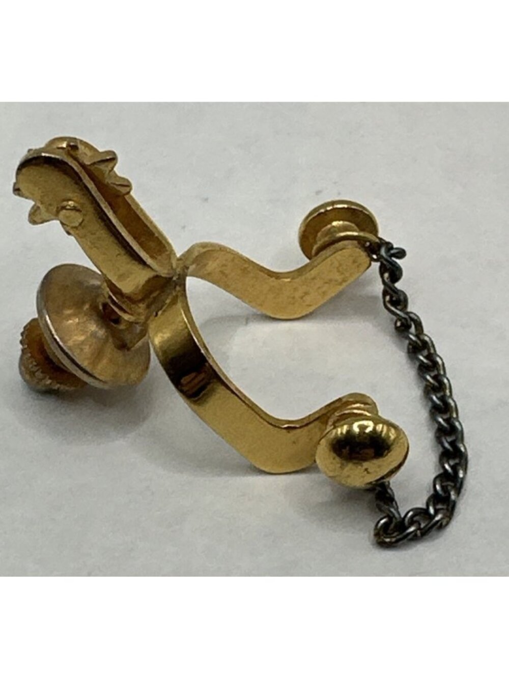 vintage gold tone  spur lapel tie tac pin with chain western horse